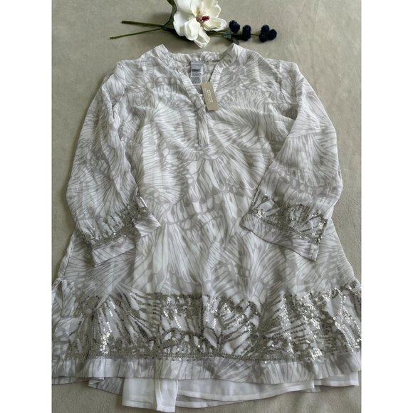 NWT Chicos Sheer Lightweight Tunic Top White & Silver Sequin Embellishments Sz 2 - Picture 1 of 12